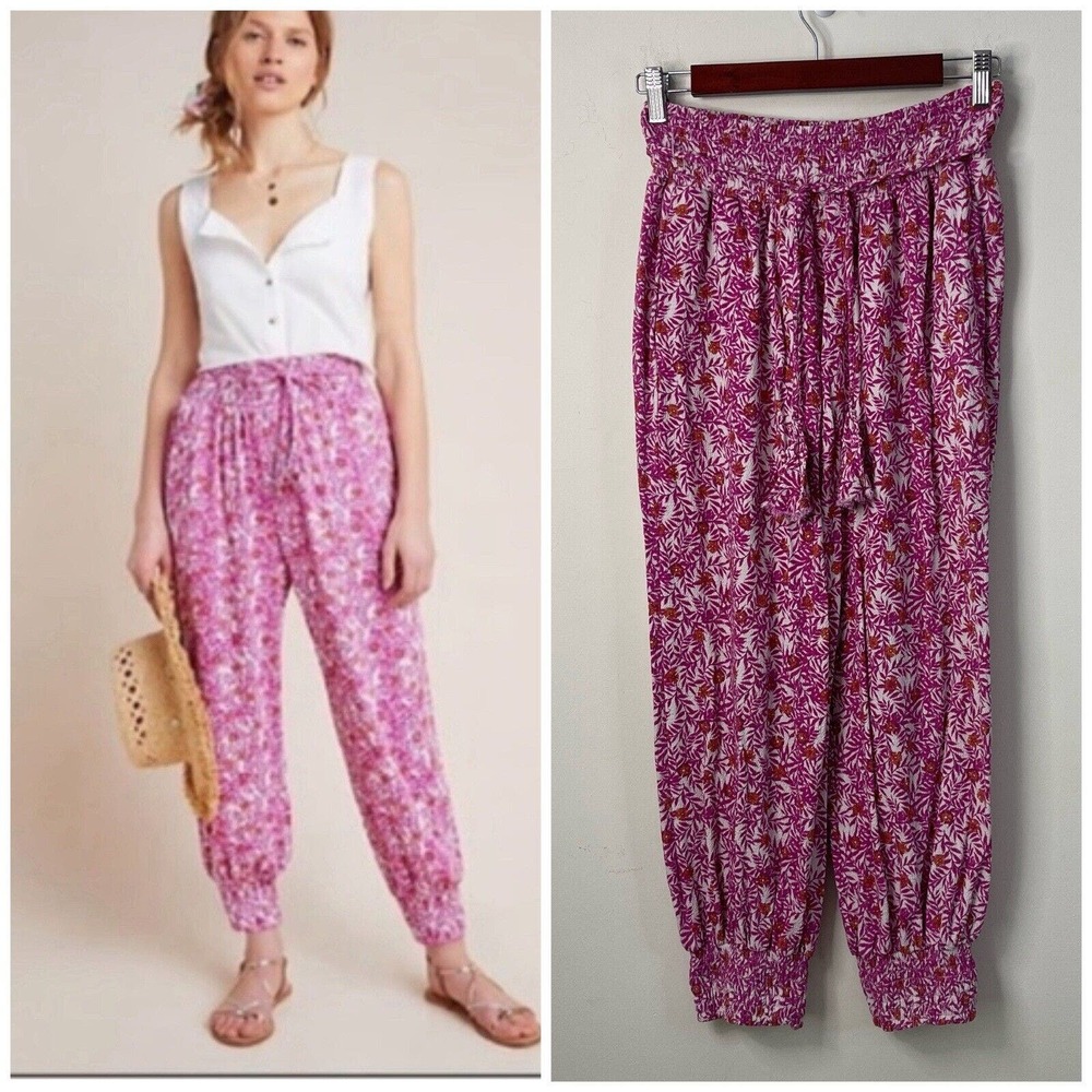 Anthropologie Floral Print Harem Belted Jogger Pants Size S Pink Smocked